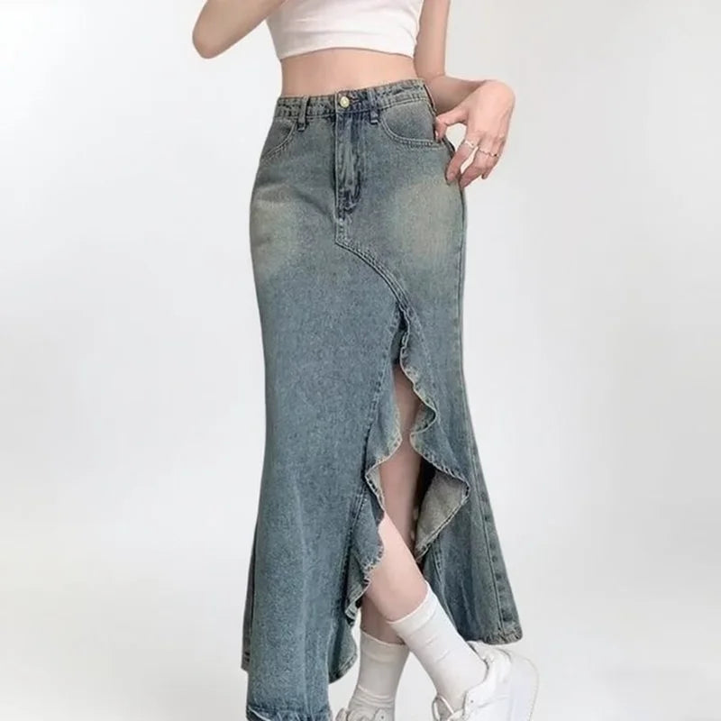 Spring And Summer Korean Retro Women Denim Skirt