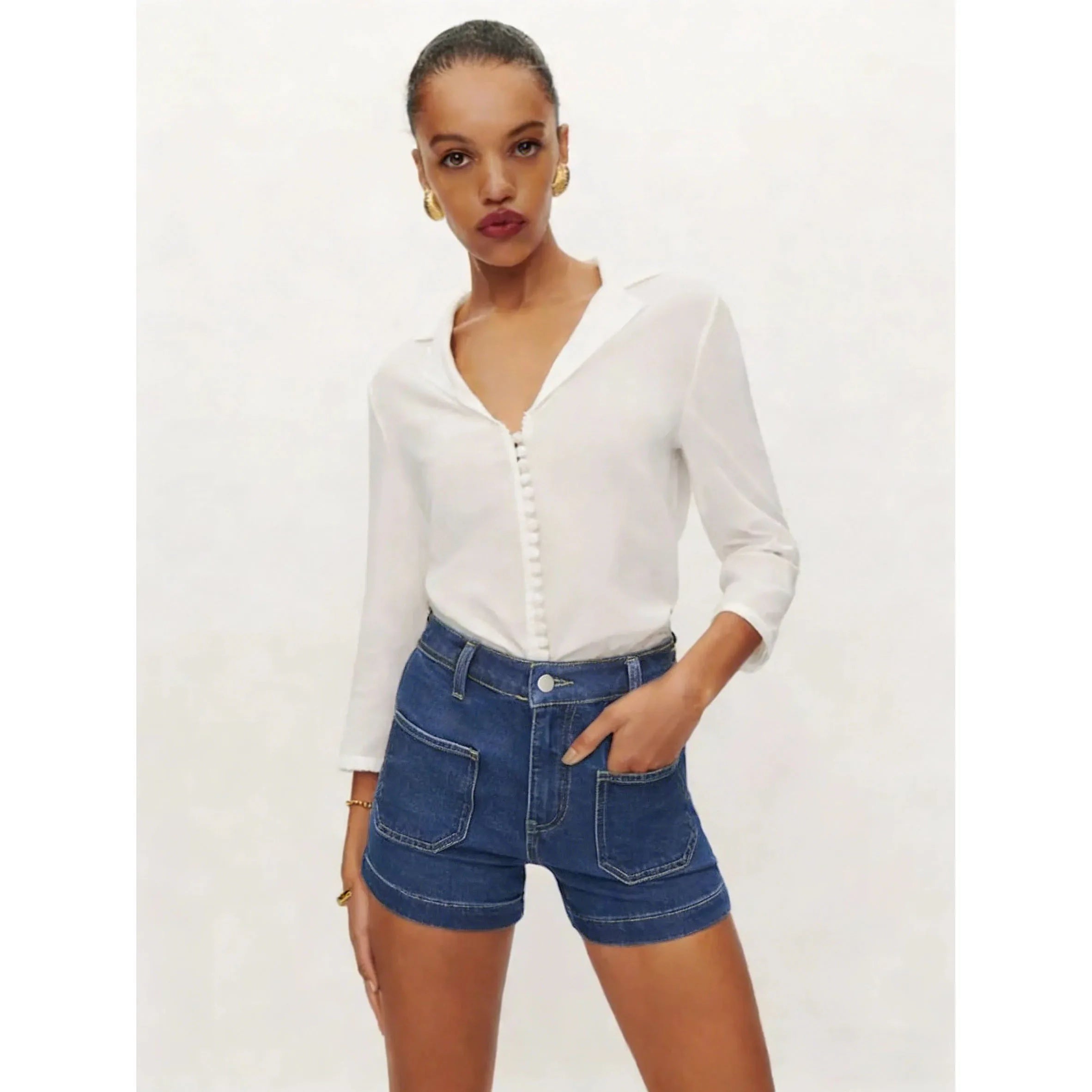 Jorts Shorts Female Jeans Wide Leg Dark Blue Vintage Washed No Stretch Denim Trousers for Ladies