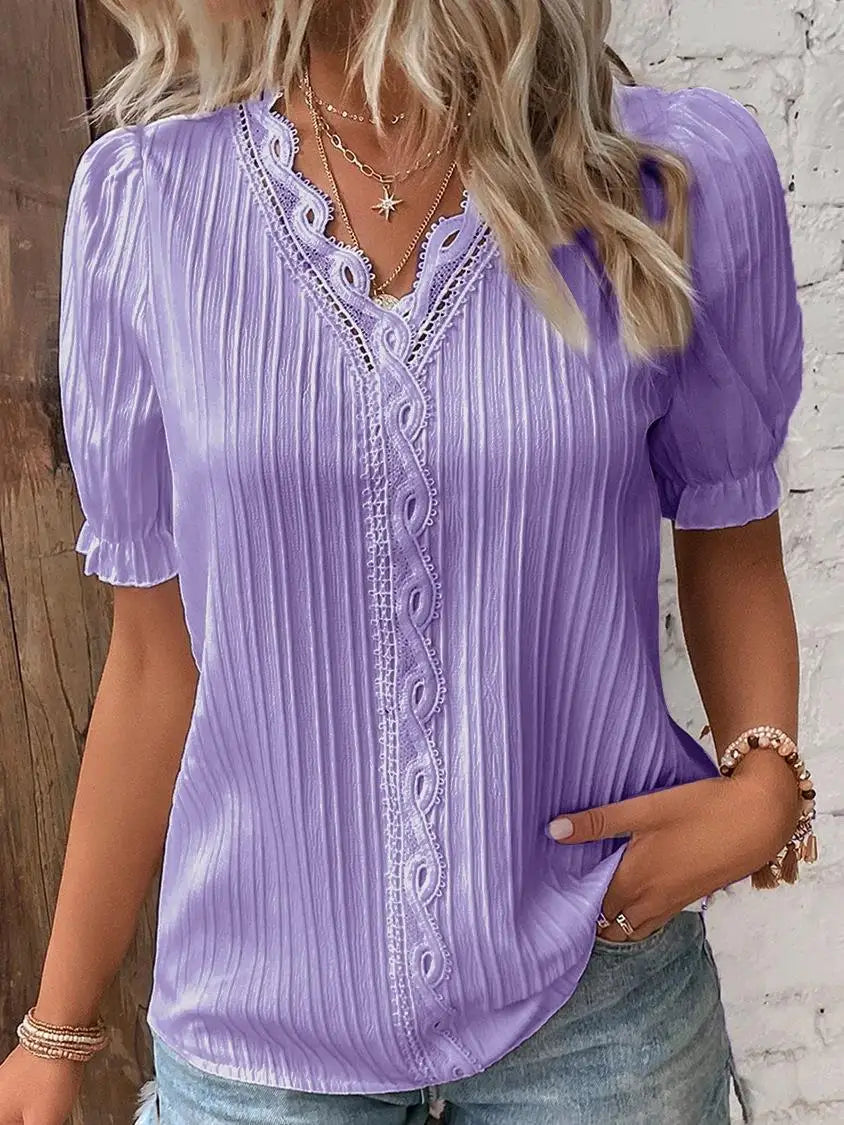 Elegant Women Blouse Shirt V Neck Lace Patchwork Short Sleeve Shirts For Women Summer Lady Tops White