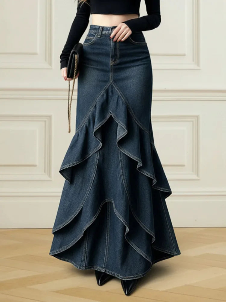 Missuoo Women's Dark Blue Denim Multi-Layer Ruffle Maxi Skirt Retro Casual Fashion Skirt 2026 Spring Fashion Fishtail Skirts